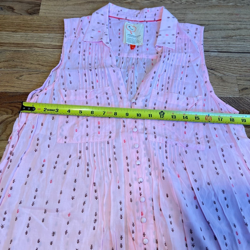 Conversations by Anthropologie Pink Ant Print Sleeveless Pintuck Blouse Size L - Picture 4 of 8